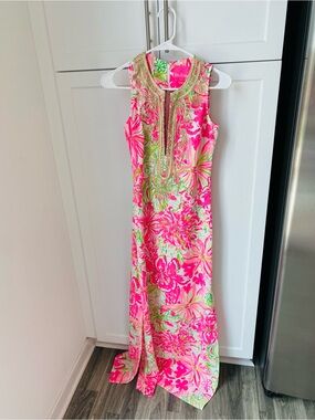 Lilly Pulitzer womens maxi 00 Floral Maxi Dress Gold Embellished Neckline